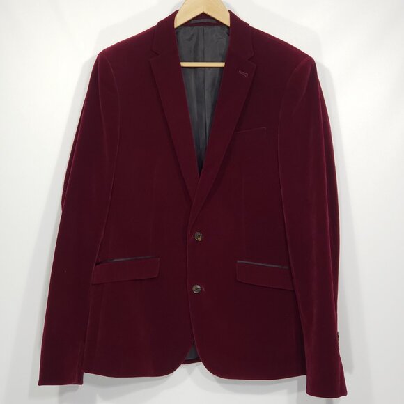 ASOS Burgundy Wine Colored Velvet Blazer Tuxedo Jacket  Men's Size 40  Slim Fit - Picture 1 of 6